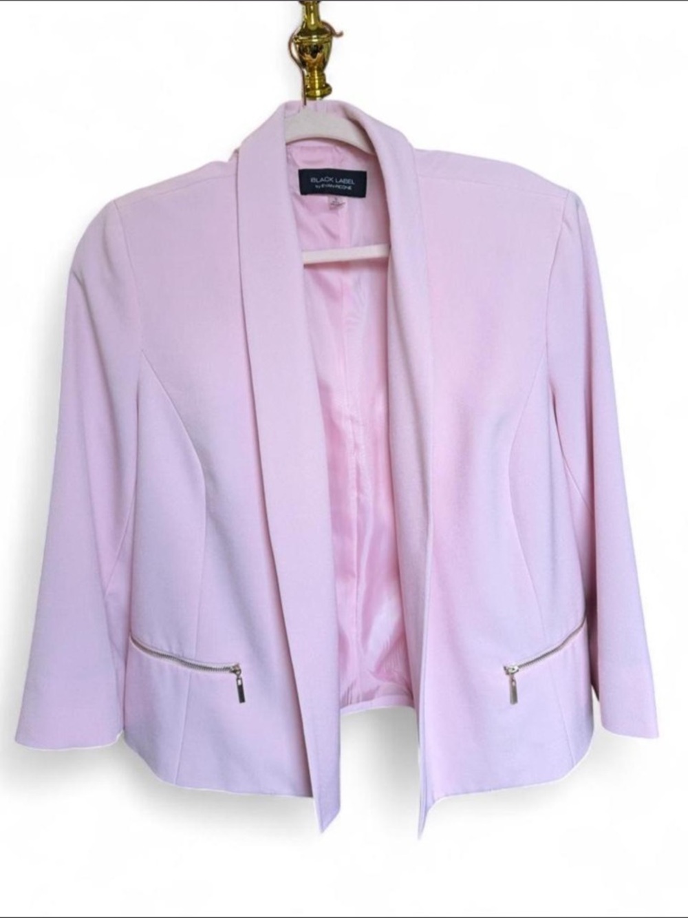 Black Label by Evan-Picone Pink Open Front Blazer Jacket Gold Zip Size 16
